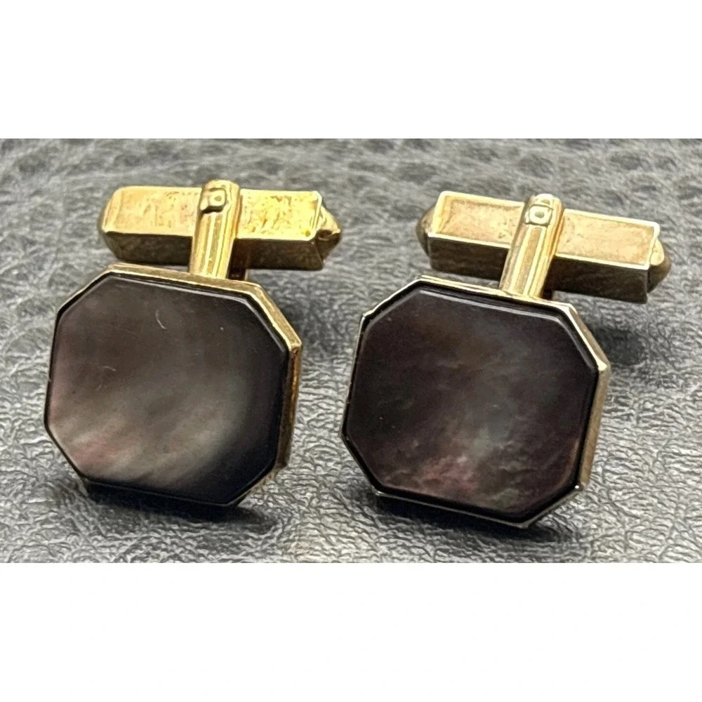 Vintage Swank Dark Mother Of Pearl Abalone Cufflinks Gold Tone